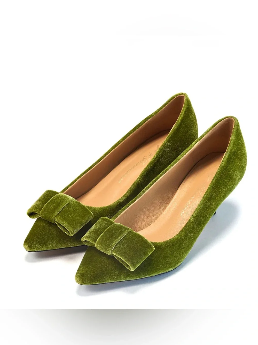 Velvet Pointed-Toe Low Heel Pumps in Olive Green
